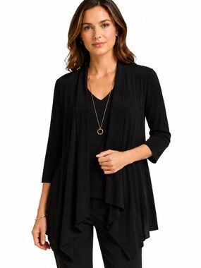 Frank Lyman Black Open Front Waterfall Cardigan Jersey Knit Womens Size 6 Travel